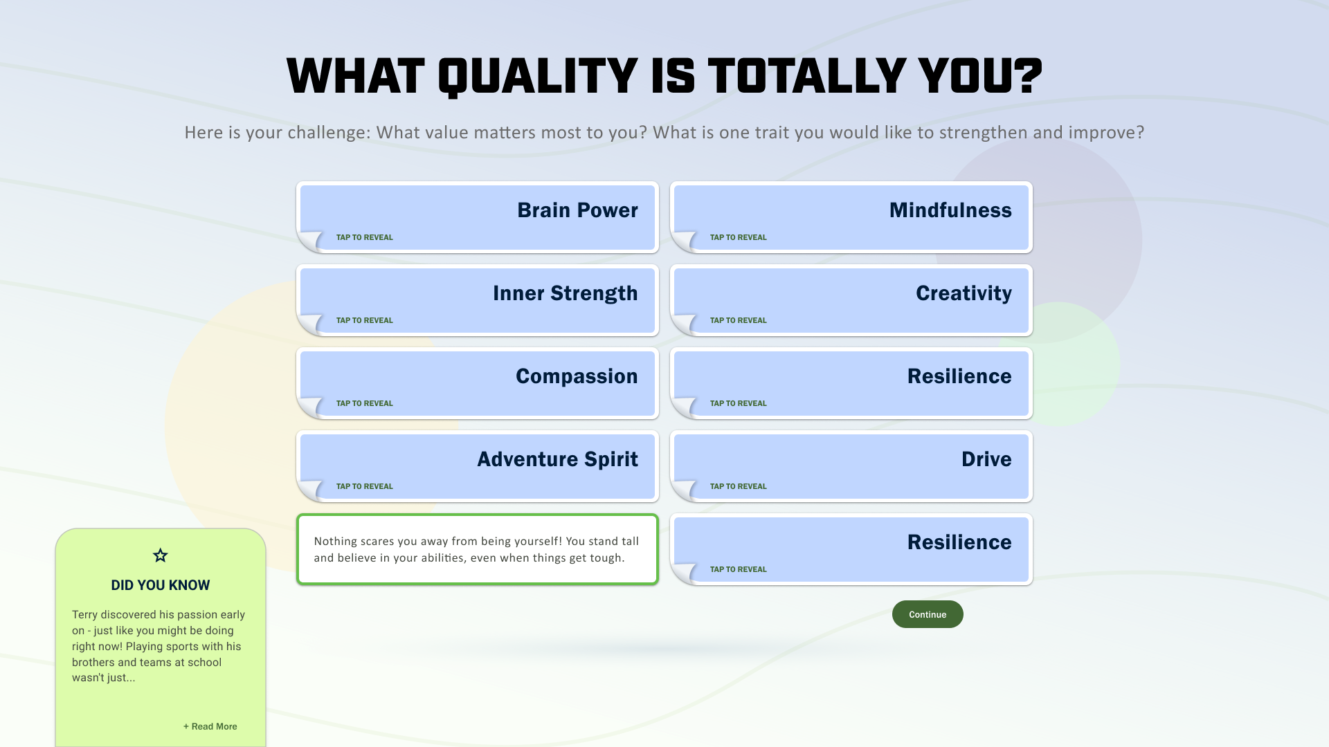 A My Champion personality question screen with tap-to-reveal cards